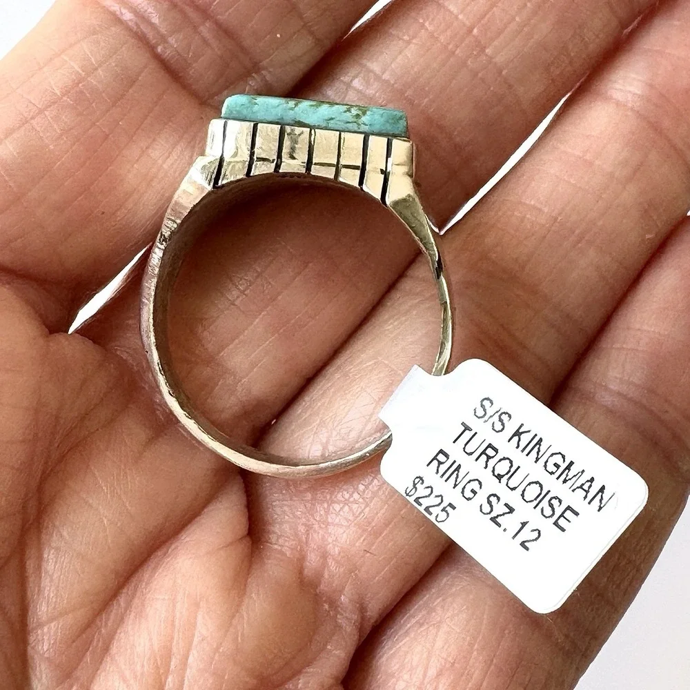 Navajo Turquoise Mens Ring Sz 12 Rectangle Signed Jack Sterling 14mm‎